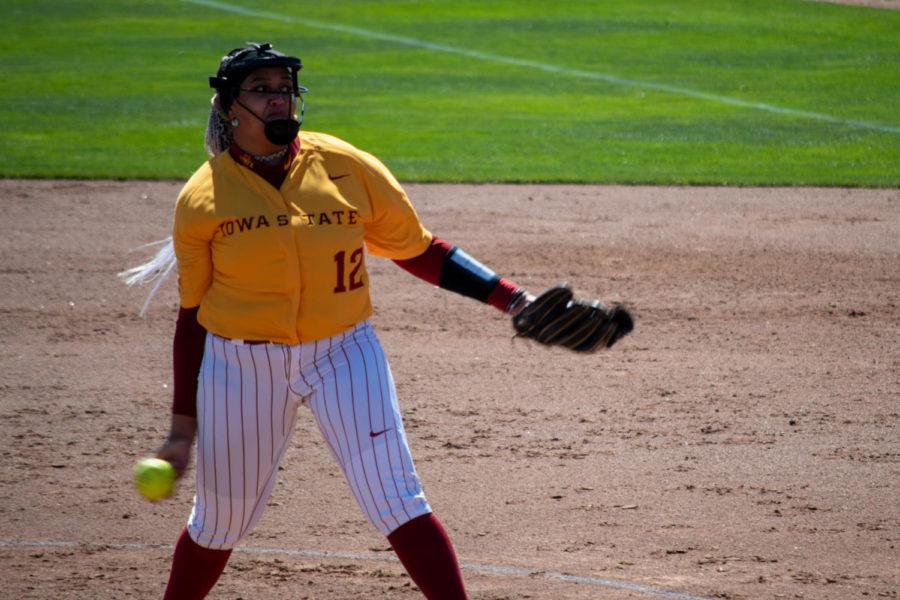 Iowa State sophomore Karlie Charles comes back in to pitch the rest of the game against Oklahoma on March 28 at the Cyclone Sports Complex.