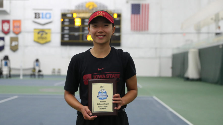 Thasaporn Naklo poses for a photo after winning the ITA regional singles championship. Naklo became the first Cyclone in program history to win an ITA event. (Photo credit: Stephen Mally/hawkeyesports.com)