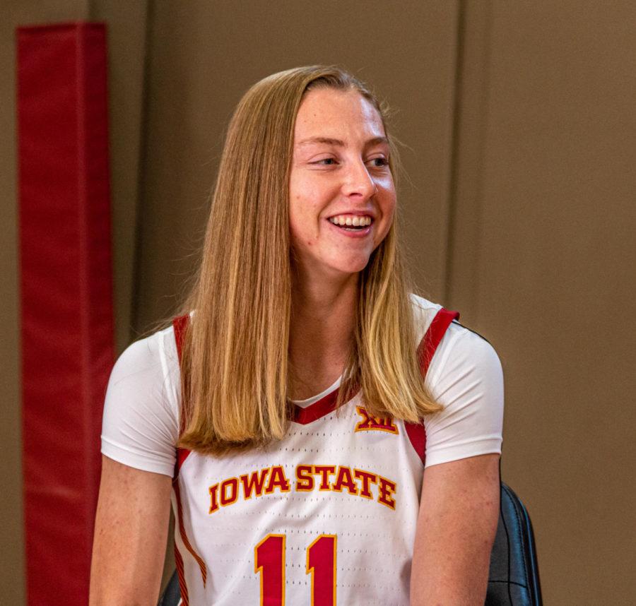 Iowa State sophomore guard Emily Ryan talks with reporters at media day Oct. 6.
