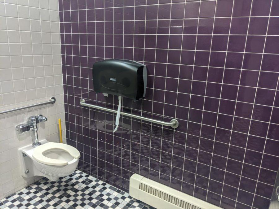 The third best bathroom to expel the concentrated sin from your backside, Howe Halls basement bathroom is excellently spaced out with the beautiful patterned tiles and accented purple wall on the far end.