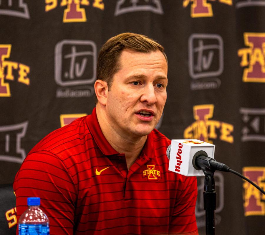 Iowa State mens basketball coach T.J. Otzelberger talks to reporters during media day on Oct. 13.