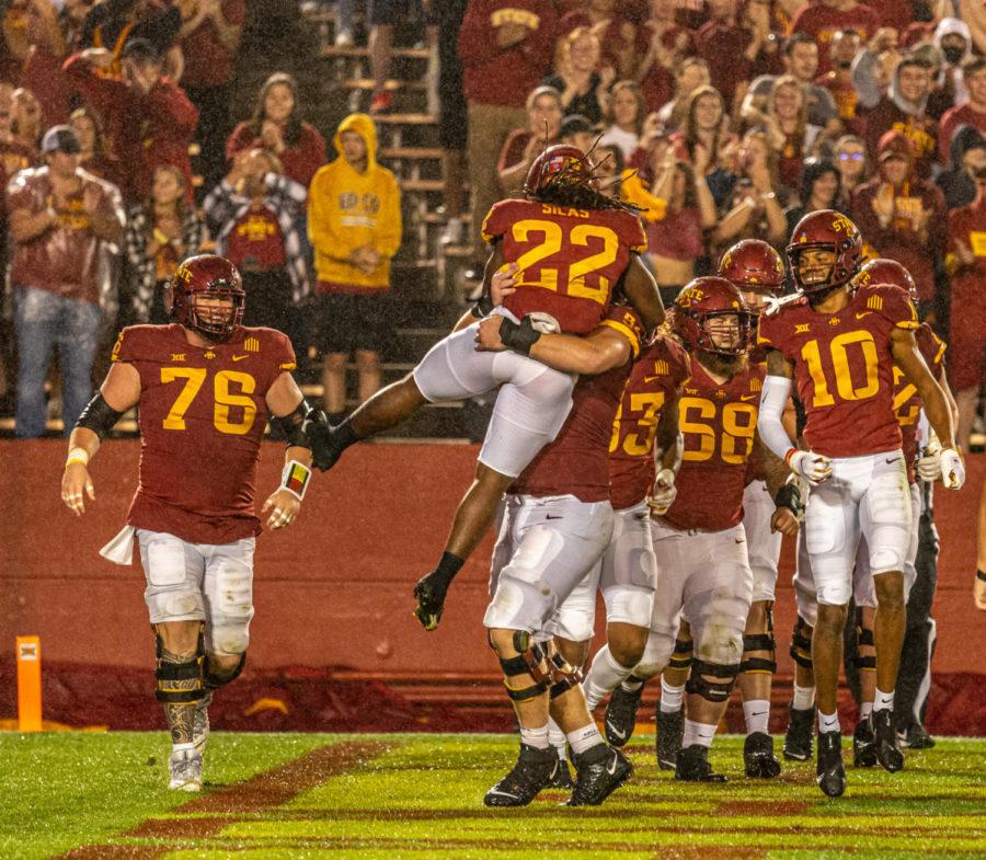 Iowa State freshman running back Deon Silas is lifted in the air by offensive lineman Jarrod Hufford after scoring his second career touchdown in a 59-7 win over Kansas on Oct. 2.