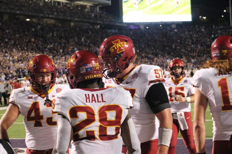 Iowa State running back Breece Hall celebrates with teammates after his touchdown against Kansas State on Oct. 16.