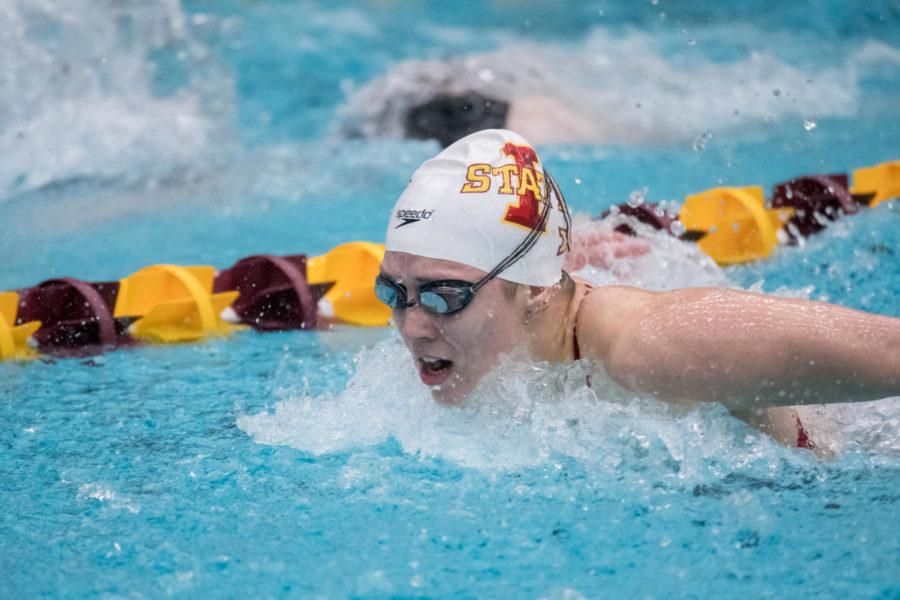 Iowa State senior Lucia Rizzo swims in the Cyclones swim meet against Northern Iowa on Jan. 30 in Beyer Pool. (Photo courtesy of Iowa State Athletics Communications)