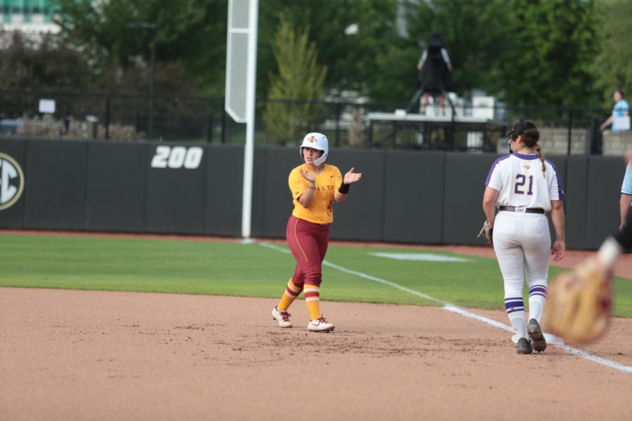 Iowa State catcher Mikayla Ramos celebrates after driving in a run in Iowa States game against the Northern Iowa Panthers in the NCAA Columbia Regional on May 22. (Photo courtesy of Iowa State Athletic Communications)