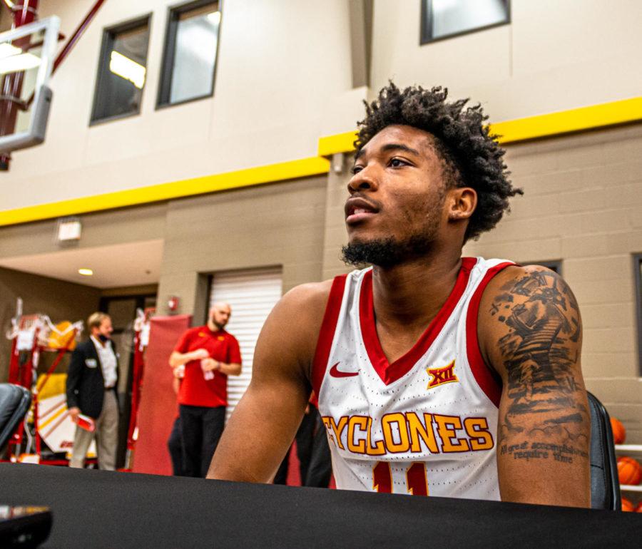 Iowa State guard Tyrese Hunter talk to reporters at Iowa State mens basketball media day on Oct. 13.