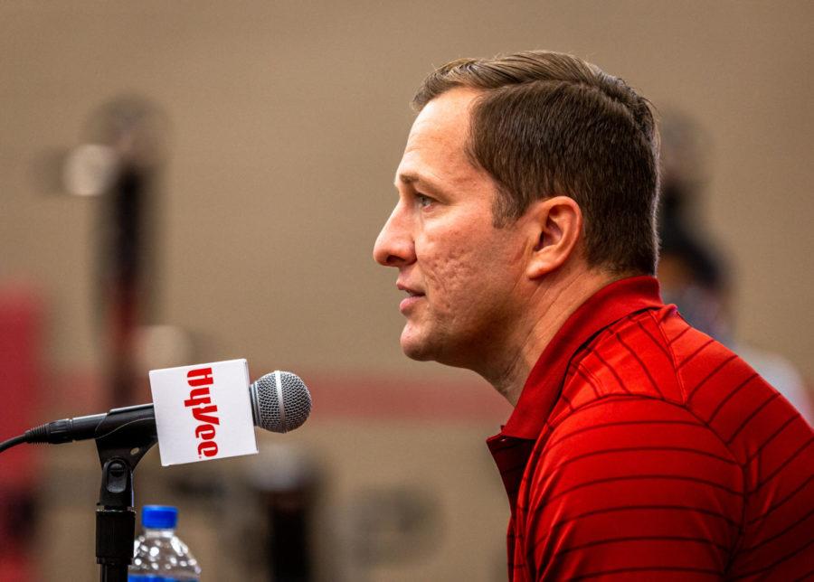 Iowa State mens basketball coach T.J. Otzelberger talks to reporters during media day Oct. 13.