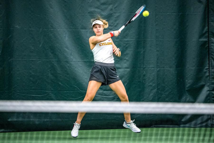 Miska Kadleckova hits the ball against Marquette on Jan. 24 in a 7-0 win for the Cyclones. (Photo Courtesy of Iowa State Athletic Communications)