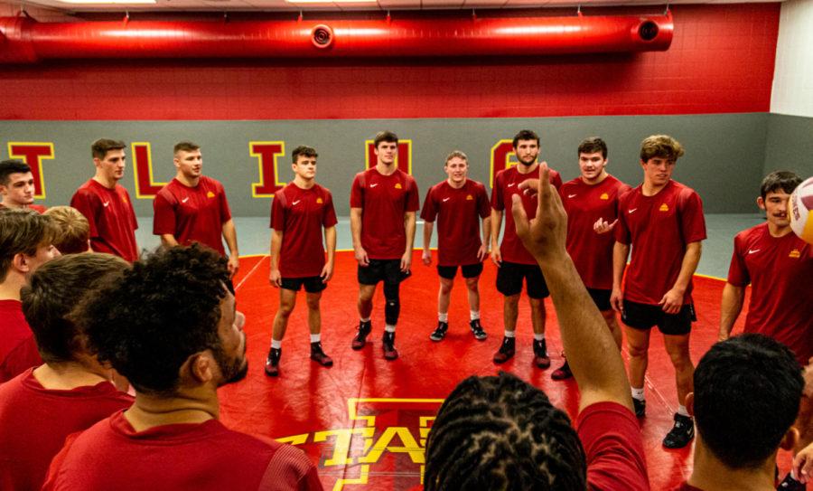 Iowa State wrestlers circle up at media day Oct. 26.