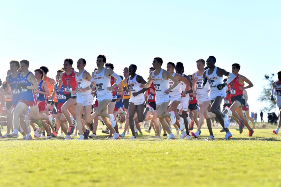 The Iowa State mens cross country team runs in the 2021 Big 12 Cross Country Championships on Oct. 29 in Stillwater, Oklahoma. (Photo courtesy of Iowa State Athletics)
