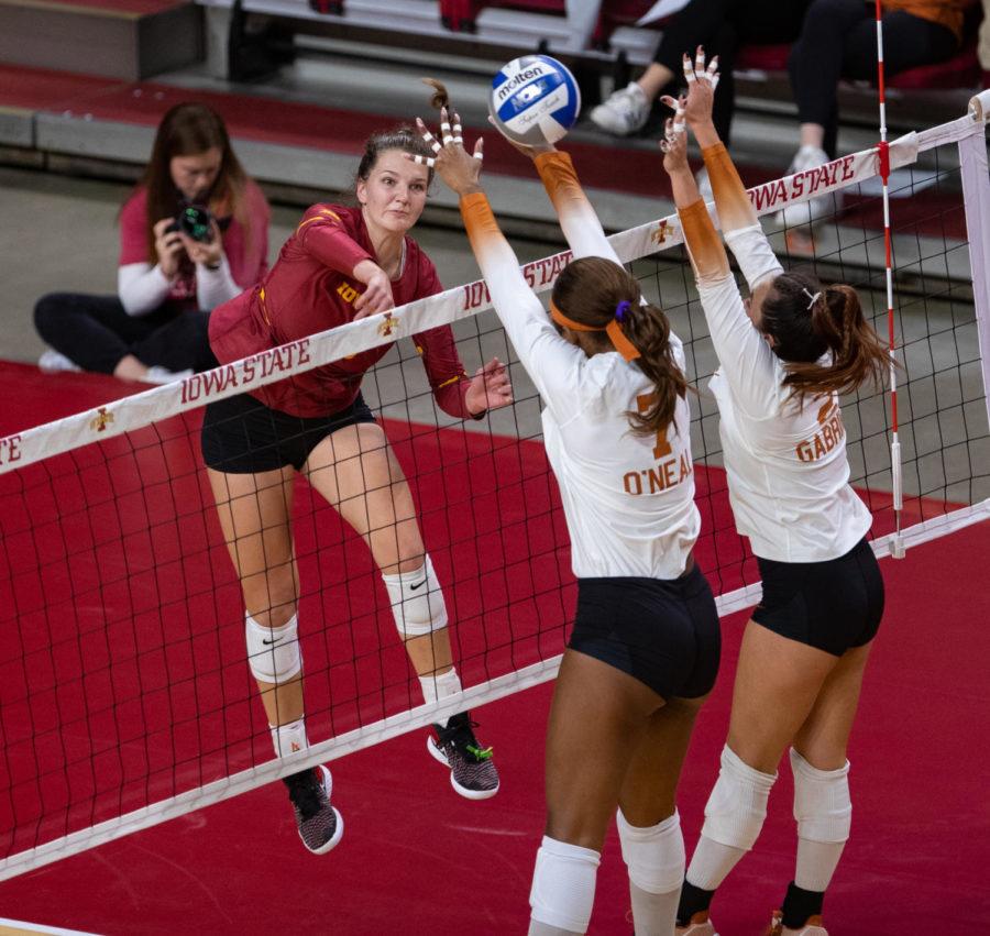 Iowa State junior Annie Hatch goes up for a kill attempt against No.1 Texas on Oct. 22. (Photo courtesy of Wesley Winterink/Iowa State Athletics)