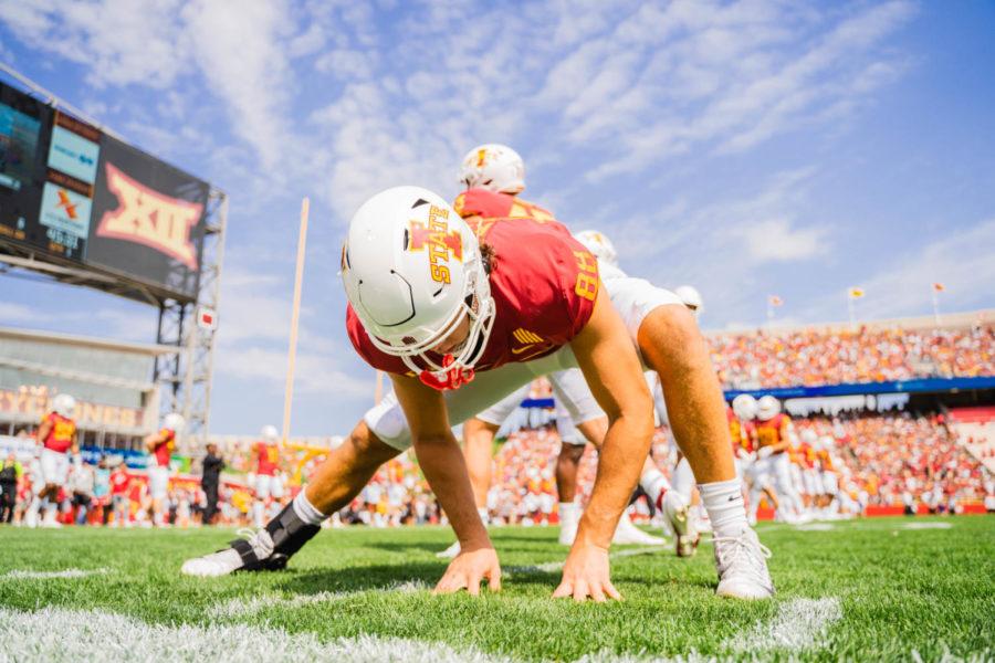 Iowa State tight end Charlie Kolar warms up with an ankle brace on his right leg ahead of the Cyclones 16-10 win over Northern Iowa on Sept. 4. Kolar did not play in the 2021 opener.
