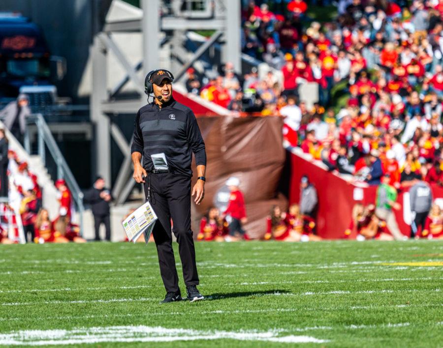 Iowa State head coach Matt Campbell watches the scoreboard during the Cyclones 24-21 win over No. 8 Oklahoma State on Oct. 23.