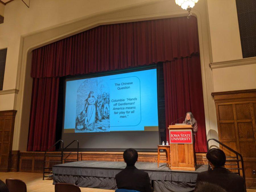 Madeline Hsu during her lecture in Memorial Unions Great Hall.