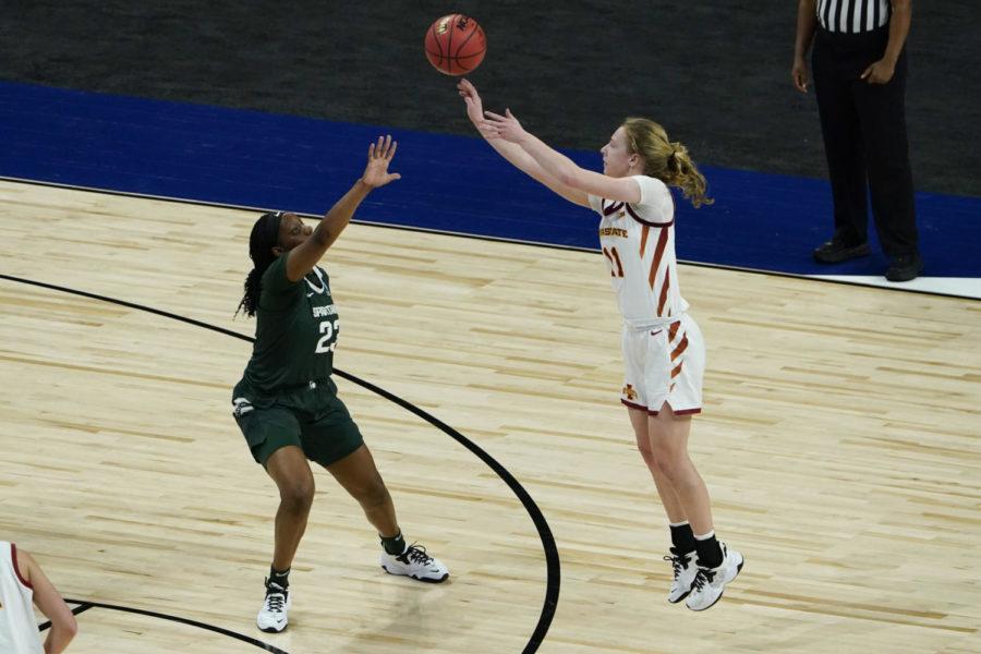Emily Ryan shoots a 3-pointer during Iowa States win over Michigan State in the Division I Women’s Basketball Tournament on March 22.