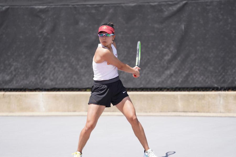 Thasaporn Naklo hits a ball against North Carolina State at the NCAA Championships on May 8, 2020. (Photo Courtesy of Iowa State Athletic Communications)