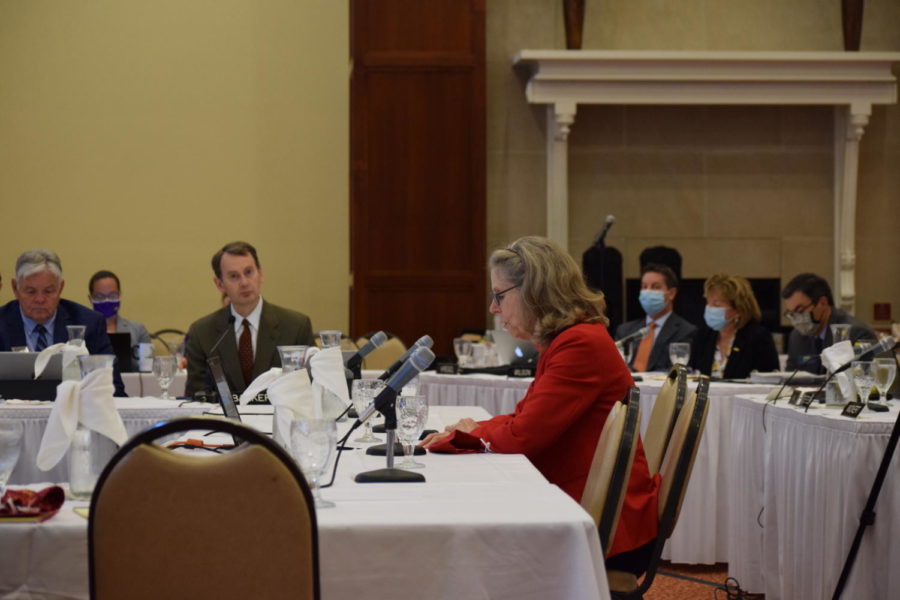 Iowa State University President, Wendy Wintersteen, informs the Board of Regents about the successful fundraising and innovation taking place at Iowa State.