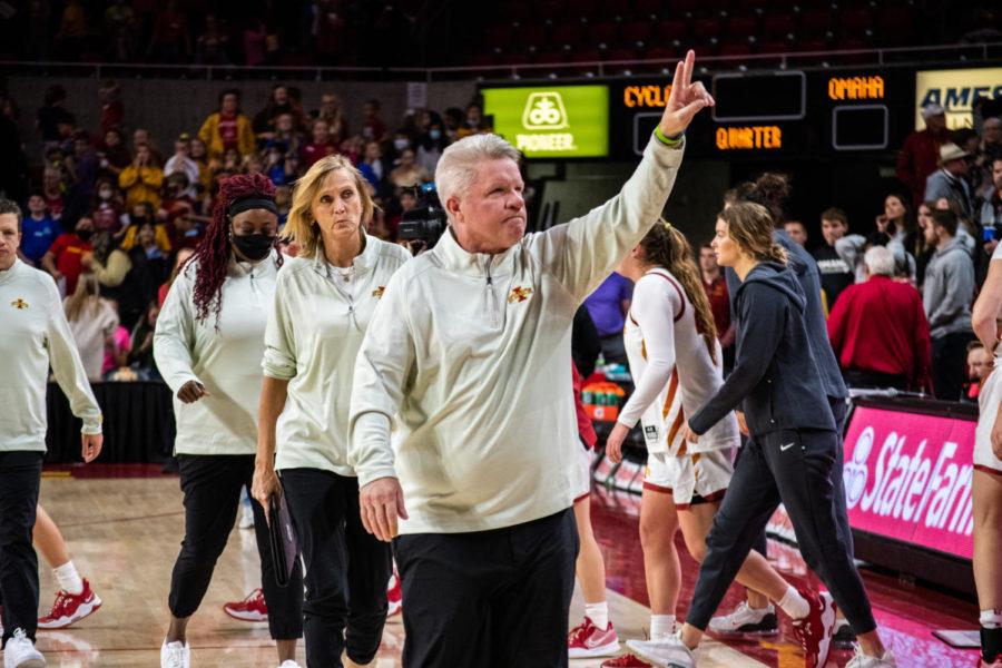 Iowa State Head Coach Bill Fennelly acknowledges the crowd after the Cyclones defeated the Omaha Mavericks 65-38 on Nov. 9 in Hilton Coliseum.