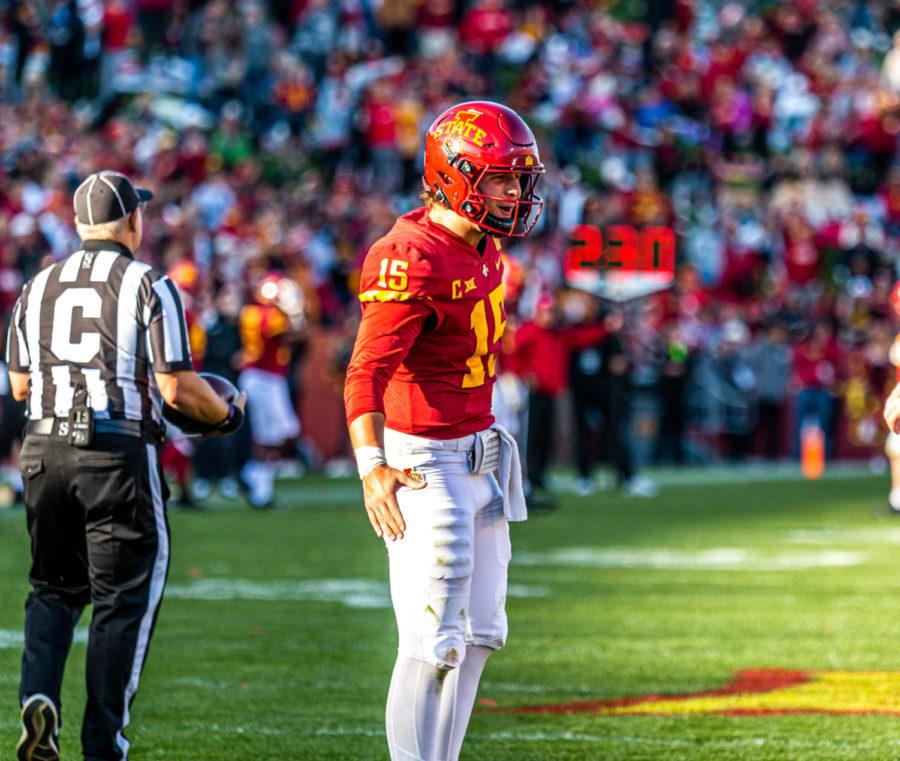 Brock Purdy celebrates with teammates after Iowa State scores a touchdown against No. 8 Oklahoma State on Oct. 23.