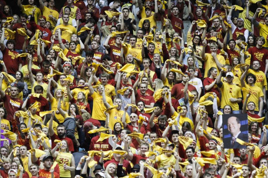 Cyclone Alley, the official student section of Iowa State, cheers on the Cyclones during a 86-81 victory over No.9 Kansas on Jan. 17, 2015 in Hilton Coliseum.