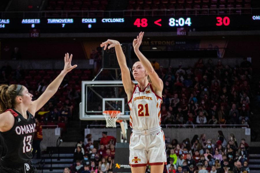 Iowa State sophomore Lexi Donarski goes up to attempt a three pointer against Omaha on Nov. 9 in Hilton Coliseum.