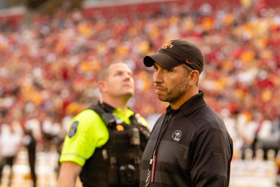 Iowa State head coach Matt Campbell watches pregame warmups ahead of the Cyclones 59-7 win over Kansas on Oct. 2.