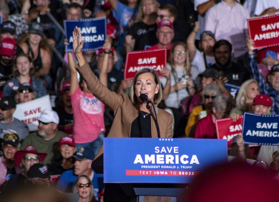 Gov. Kim Reynolds, running for re-election, waves to the crowd during her segment of the Save America rally.