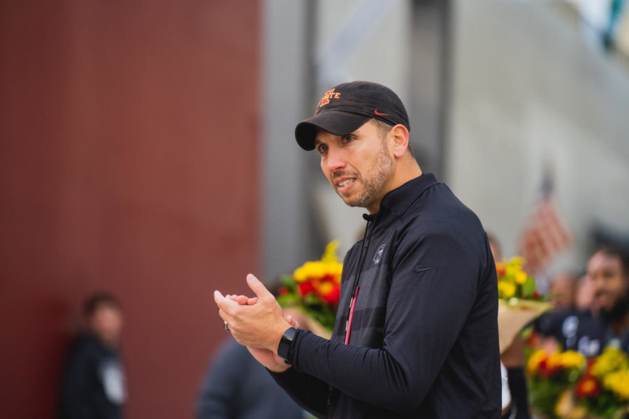 Iowa State head coach Matt Campbell gets emotional as he watches players honored on Senior Day on Nov. 26.