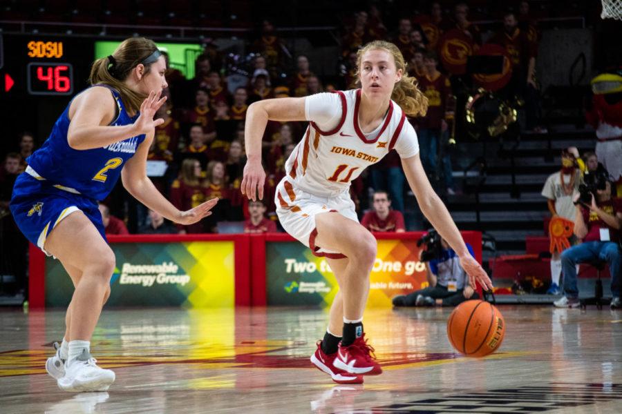 Emily Ryan looks to push the ball into the paint against South Dakota State on Nov. 15.