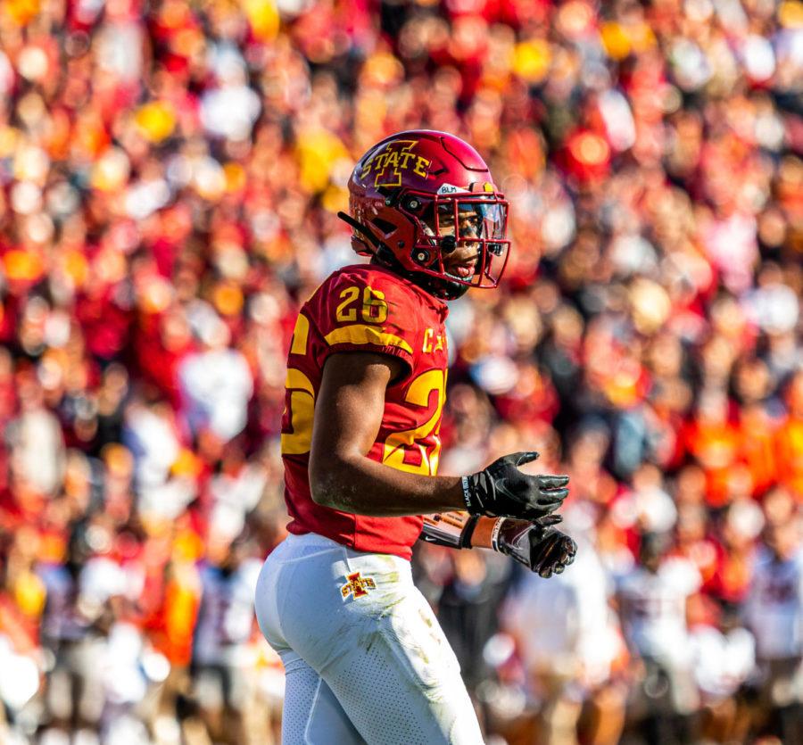 Iowa State cornerback Anthony Johnson looks toward the sideline during the Cyclones' 24-21 win over Oklahoma State on Oct. 23, 2021.