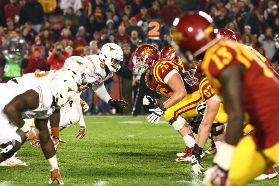 The Iowa State offensive line prepares for a drive during the game against the Texas Longhorns on Oct. 31, 2015. The Cyclones defeated the Longhorns in a 24-0 shutout.