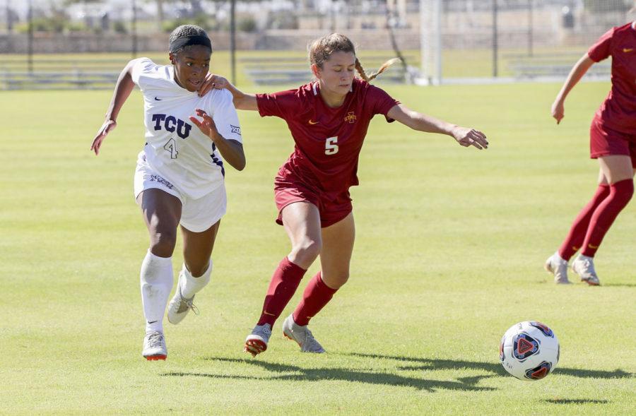 Iowa State senior Brooke Miller and TCU Chaylyn Hubbard compete in the 2021 Big 12 Women’s Soccer Tournament on Oct. 31.