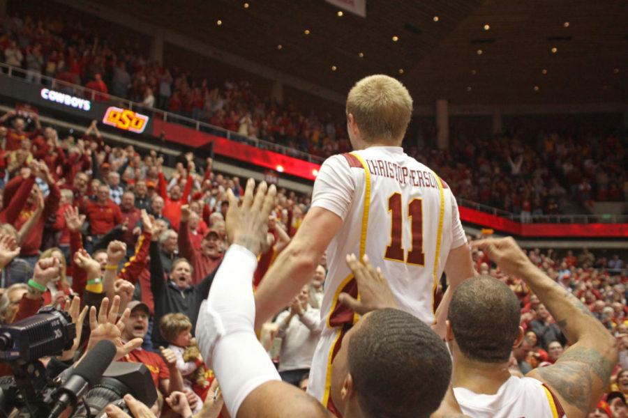 Scott Christopherson riles up the crowd after his winning three-point shot against Oklahoma State on Jan. 18, 2012. Iowa State was down six points with over three minutes left, but came back to win 71-68.
