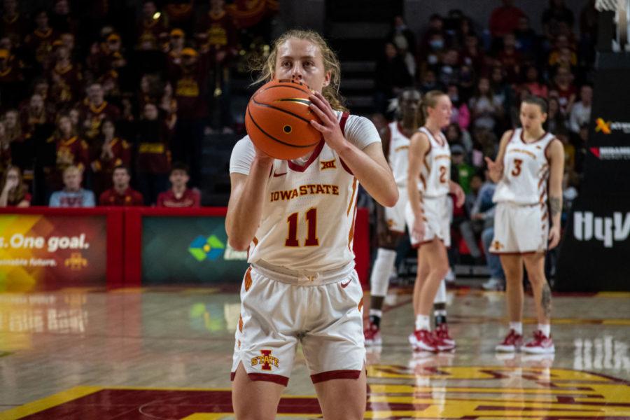 Emily Ryan shoots a free throw from the line against Omaha on Nov. 9 in Hilton Coliseum.