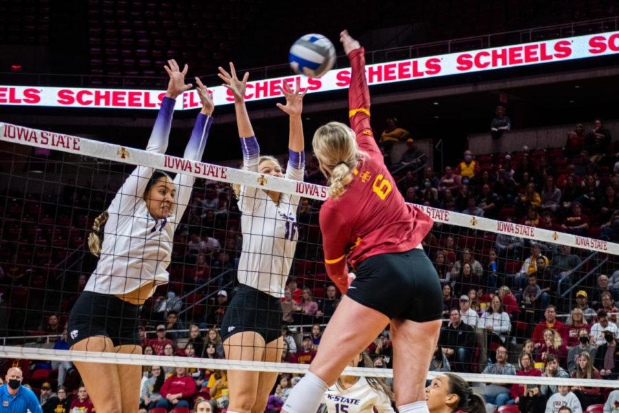 Eleanor+Holthaus+goes+up+to+spike+the+ball+against+Kansas+State+on+Nov+13.