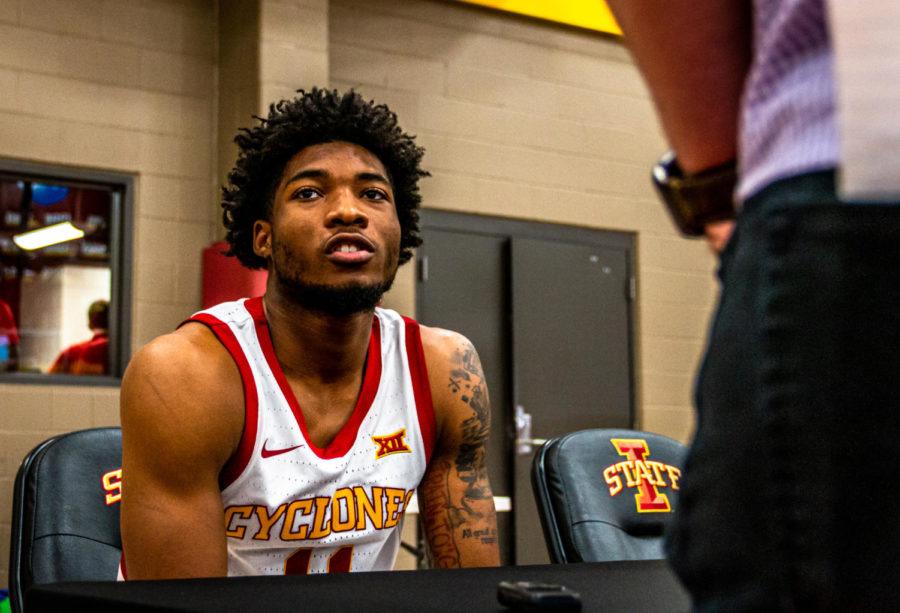 Tyrese Hunter talks to reporters at media day on Oct. 13. Hunter is expected to be the starting point guard for Iowa State in the 2021-22 season.