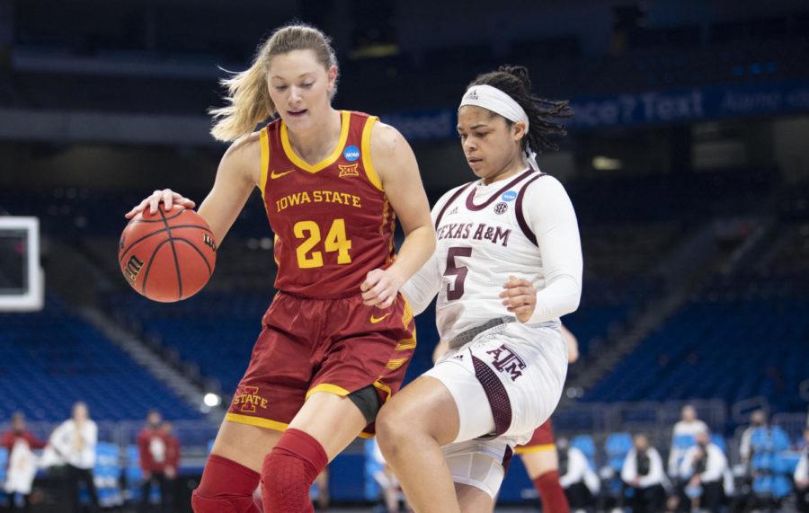 Ashley Joens tries to get past her defender in Iowa States win over Texas A&M University in the second round of the 2021 NCAA Division I Women’s Basketball Tournament on Wednesday. 