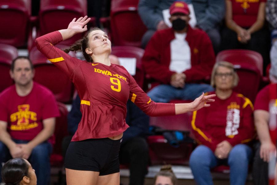 Annie Hatch serves the ball against No. 1 Texas on Oct. 22 in Hilton Coliseum.