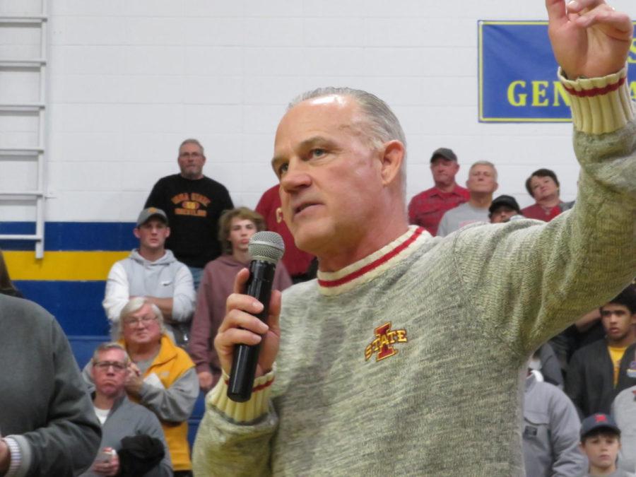 Iowa State wrestling head coach Kevin Dresser addresses the crowd at Humboldt High School after Iowa States 23-13 win over No. 15 Purdue on Dec. 19.