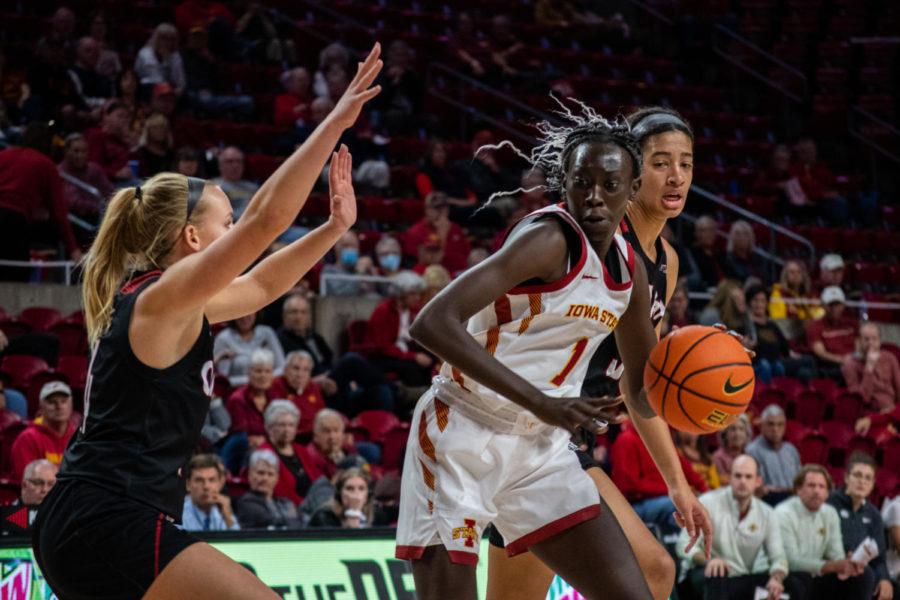 Nyamer Diew works her way into the paint against Omaha on Nov. 9 in Hilton Coliseum.