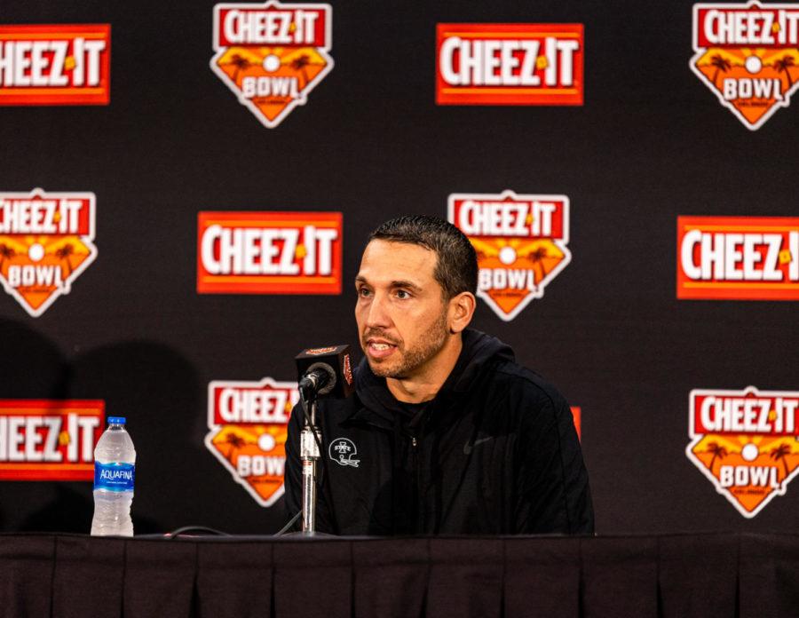 Iowa State head coach Matt Campbell talks with reporters at a press conference on Dec. 28 before No. 19 Clemson faces Iowa State in the 2021 Cheez-It Bowl.