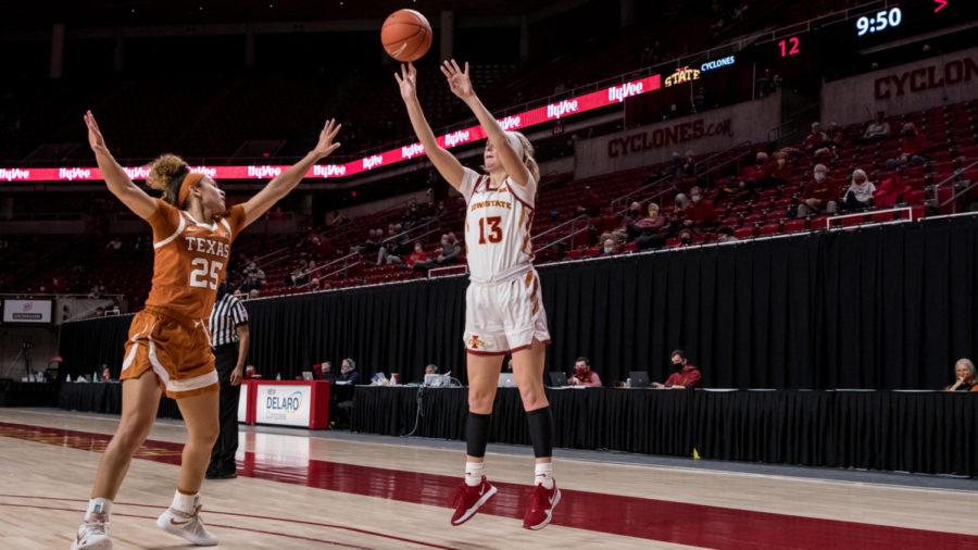 Iowa State sophomore Maggie Espenmiller-McGraw shoots a 3-pointer against the Texas Longhorns on Jan. 23.