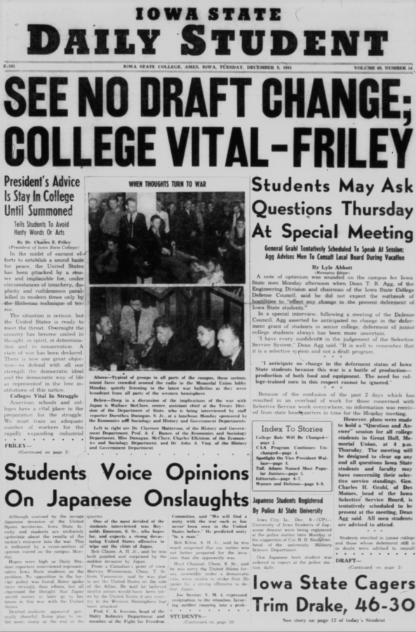 The front page of the Iowa State Daily Student discusses whether or not the draft will change due to the attack on Pearl Harbor that ushered the U.S. into WWII.