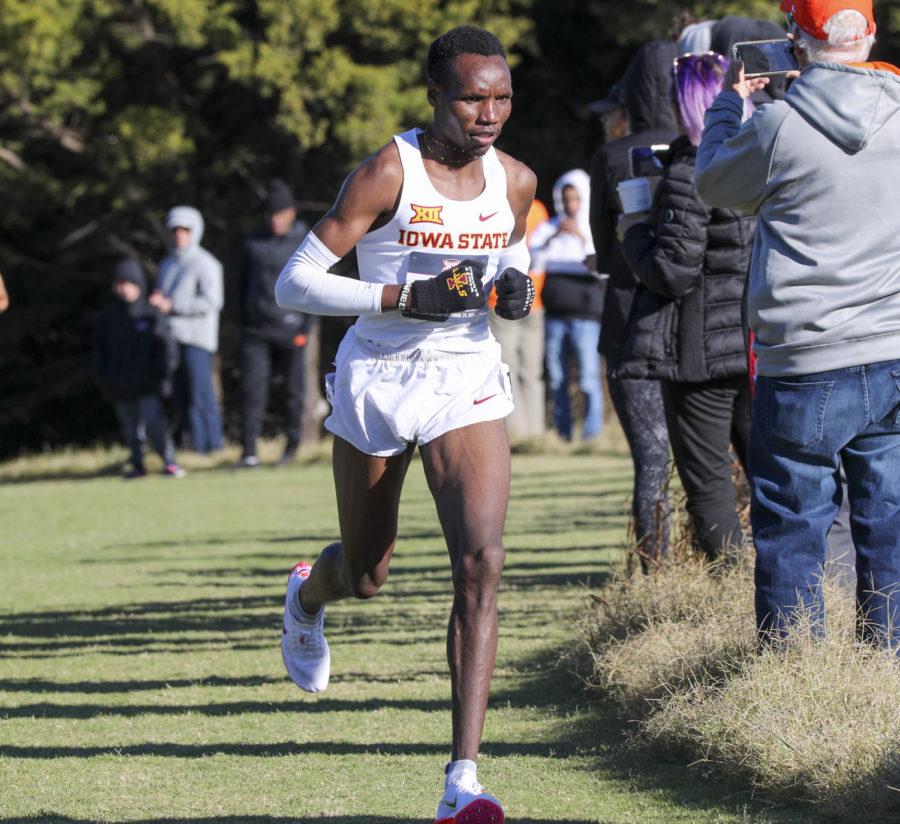 Wesley Kiptoo runs in the 2021 Big 12 Mens Cross Country Championship on Oct. 29 in Stillwater, Oklahoma. Kiptoo won the Big 12 individual title.