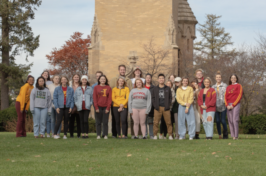 The Public Relations Campaigns class pictured standing new Iowa States Campanile.