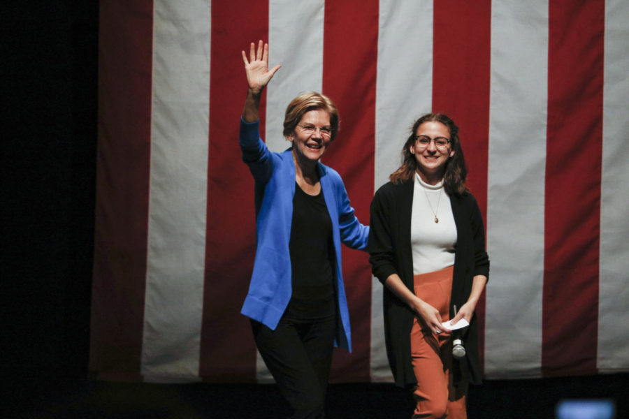 Presidential candidate Elizabeth Warren was introduced by Alejandra Flores, sophomore in political science, at her campaign rally held in Stephens Auditorium on Oct. 21, 2019. 