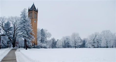 Iowa States Campanile photographed after a heavy snow.