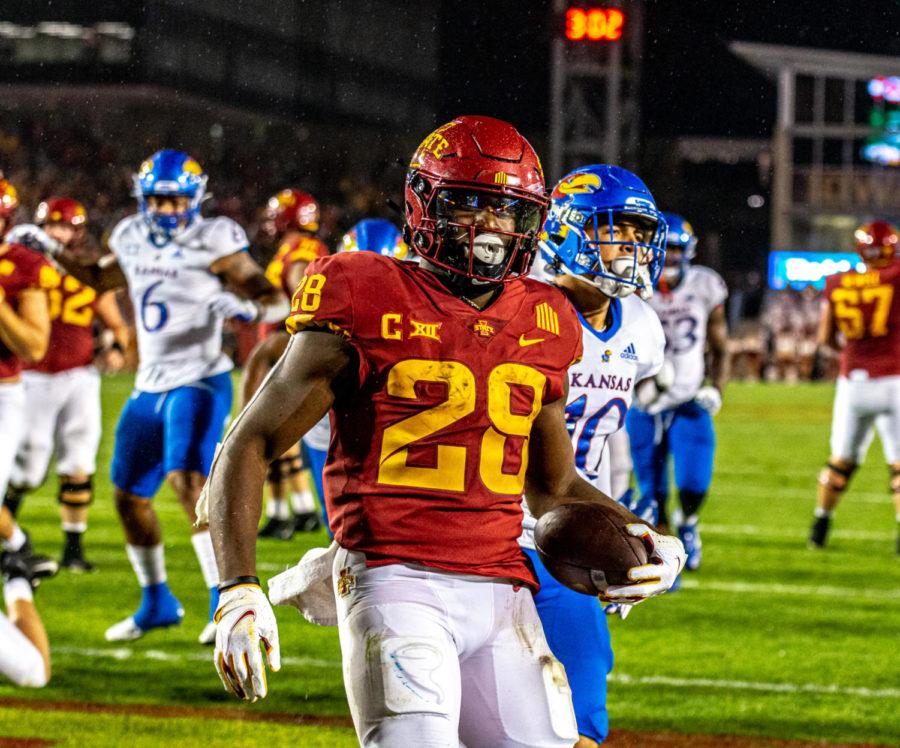 Iowa State running back Breece Hall scores a touchdown in the second quarter against Kansas on Oct. 2.