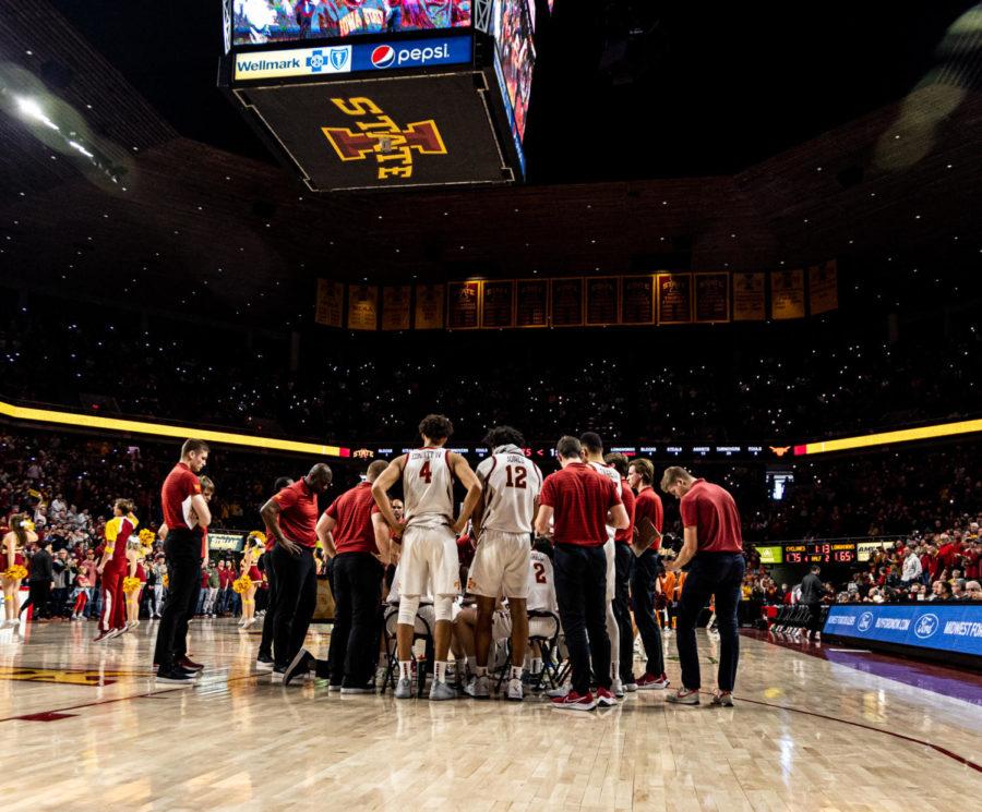 Iowa State talks during a huddle in a 79-70 win against Texas on Jan. 15.