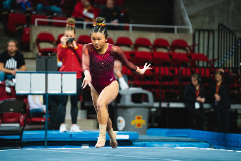 Kaia Parker performs in the floor exercise in the Cyclones gymnastics meet against the University of Nebraska on Jan. 7.
